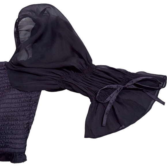 Urban Outfitters Black Smocked Crop Top Sheer Bubble Sleeve Blouse Medium - Picture 6 of 11